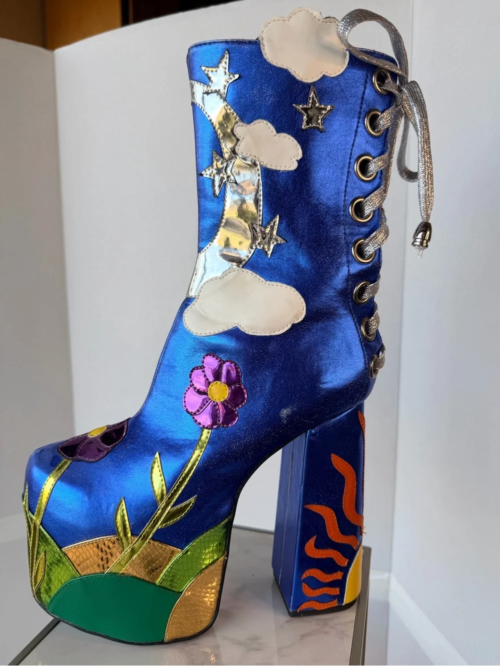 Dolls Kill Metallic Blue Flower & Cloud Platform Boots